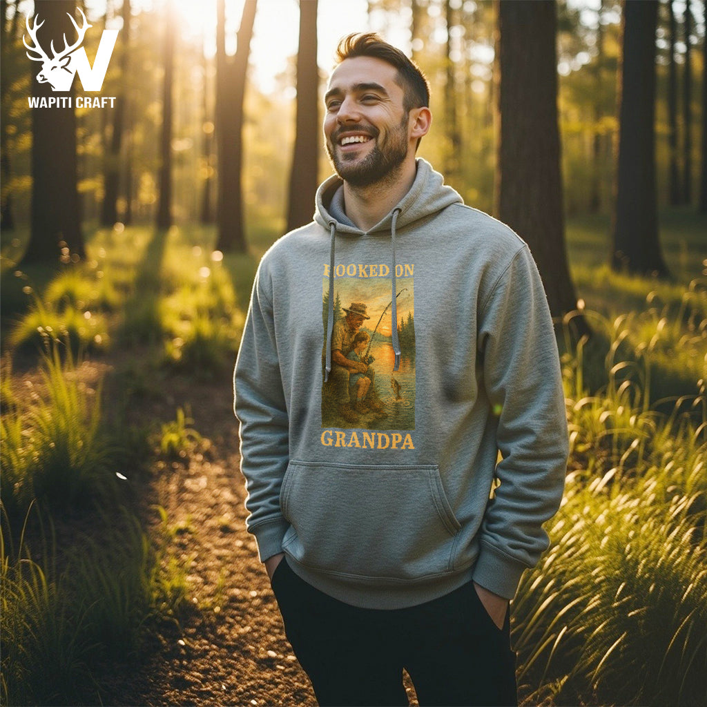 Hooked on Grandpa Hoodie Sweet Fishing Memory with Grandpa and Kid Gift for Grandpa - Wapiti Craft