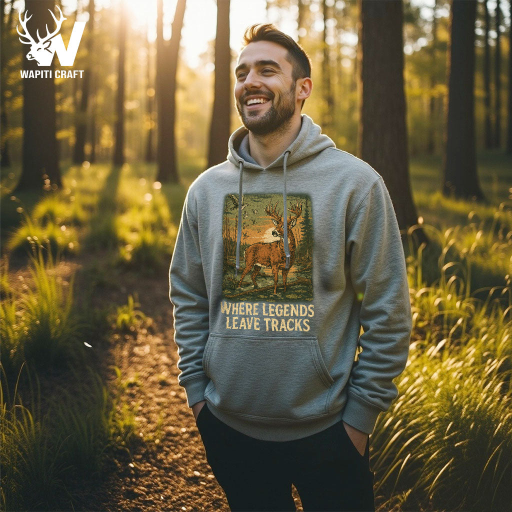 Where Legends Leave Tracks Hoodie Memories Hunting Days for Deer Hunters and Outdoor Enthusiasts - Wapiti Craft