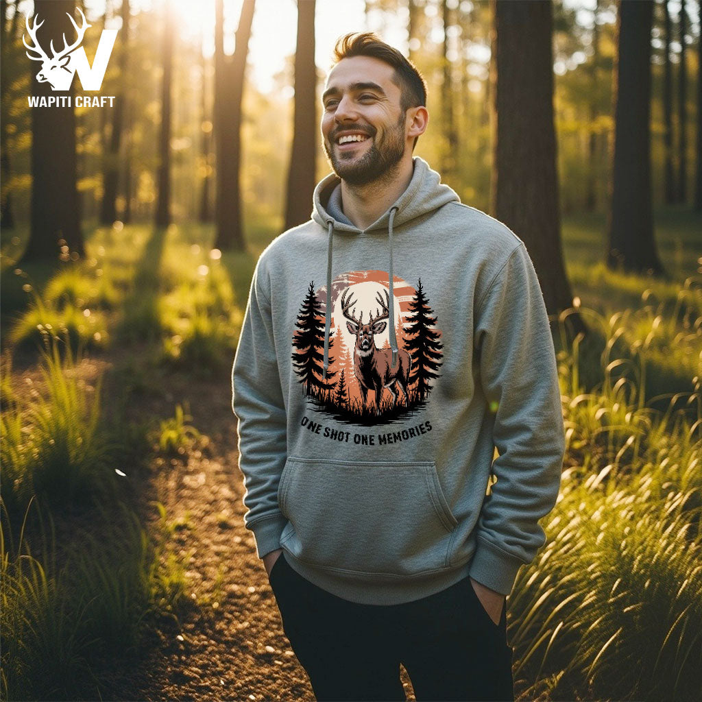 One Shot, One Memory Hoodie Majestic Buck Scene and Patriotic Pride for Deer Hunters - Wapiti Craft