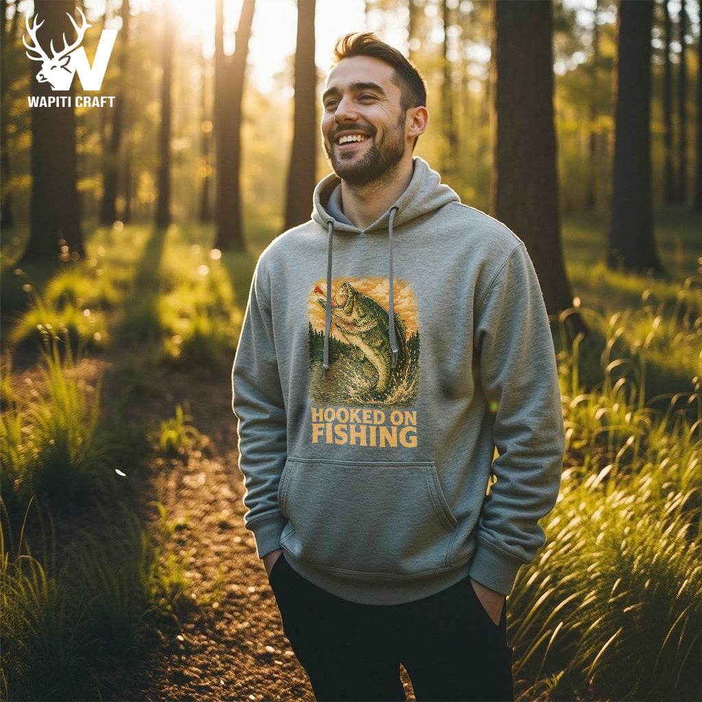 Hooked On Fishing Hoodie Largemouth Bass Scene, The Reward for Anglers and Outdoor Enthusiasts - Waptiti Craft