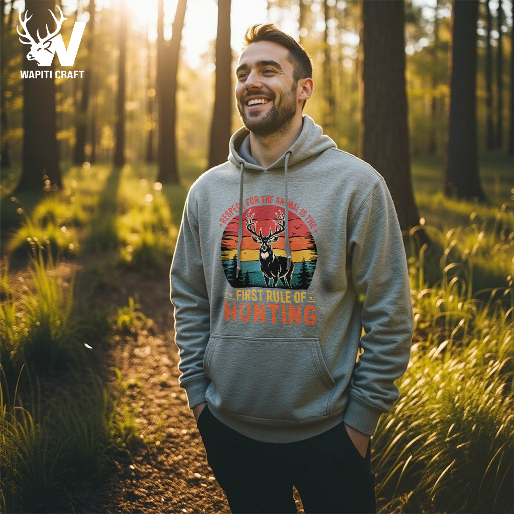 First Rule of Hunting Retro Sunset Design Hoodie Show Respect for Wildlife Wapiti Craft
