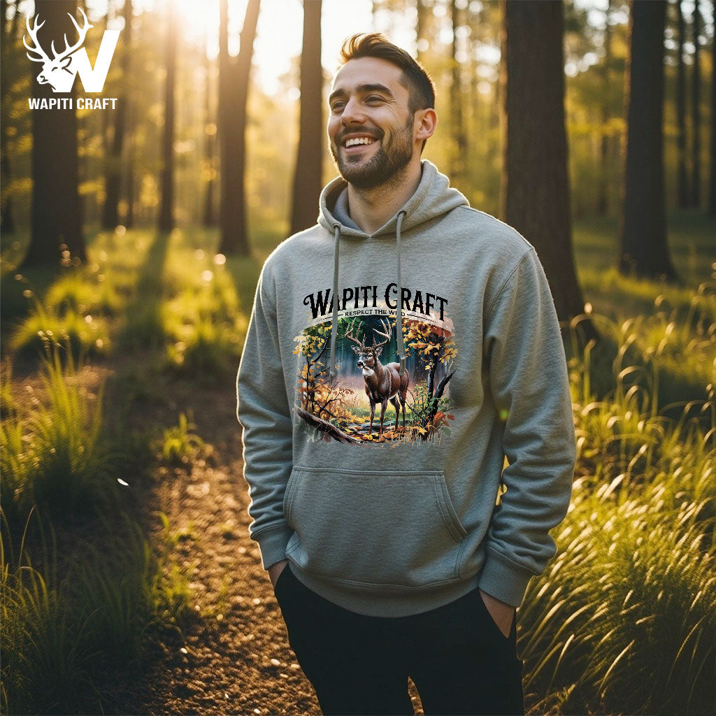 Respect the Wild Buck Majestic Whitetail Deer in Autumn Forest Design Hoodie - Wapiti Craft
