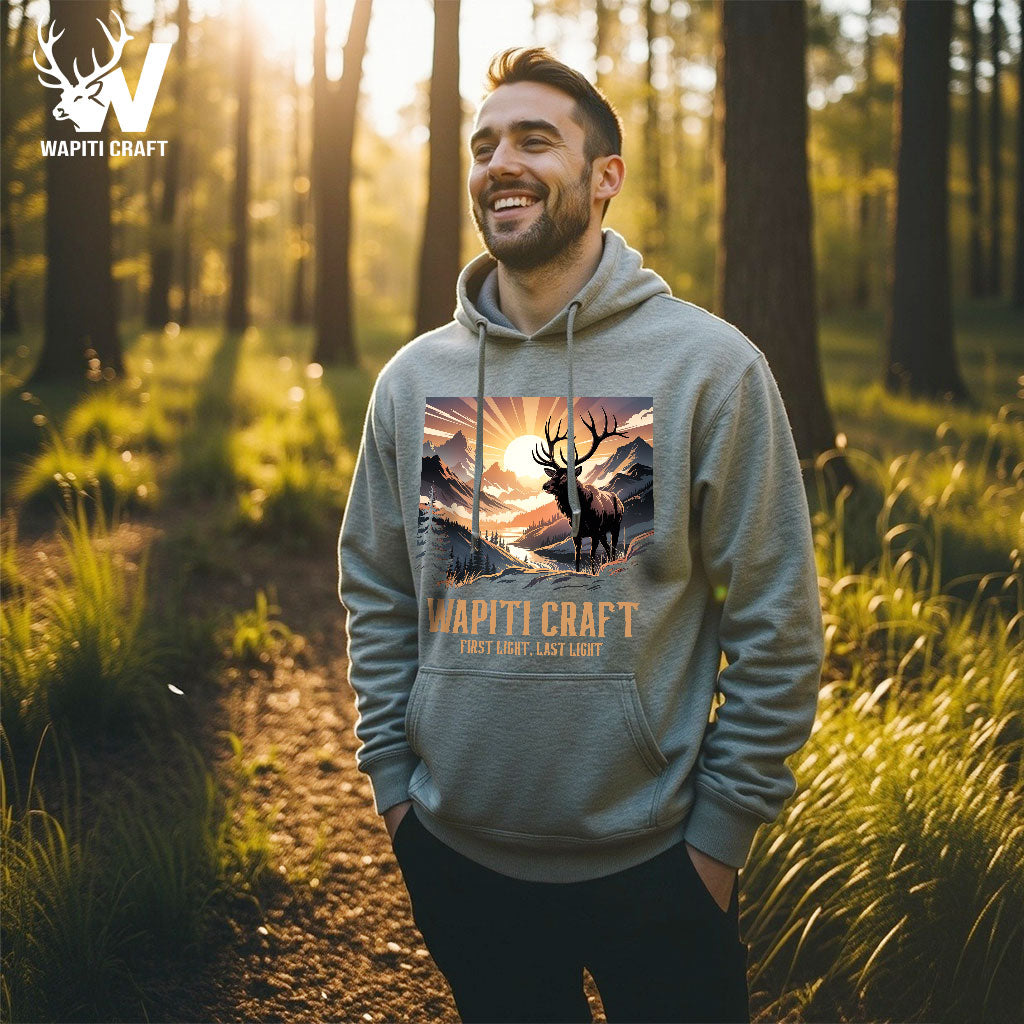 First Light Last Light Wapiti Hoodie Majestic Elk Mountain Scene The true symbol of the wild - Wapiti Craft