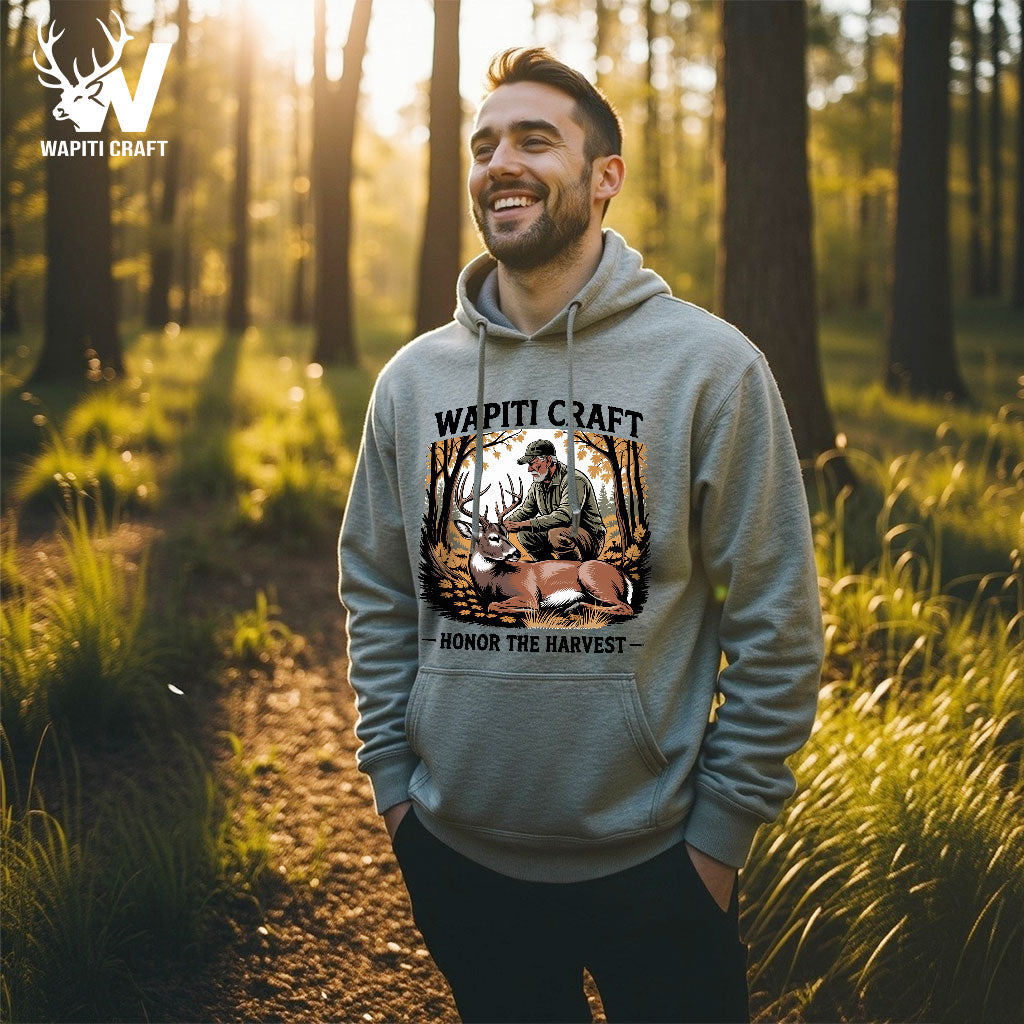Honor the Harvest Hunting Hoodie Respectful Buck Scene Ethical Hunting - Wapiti Craft