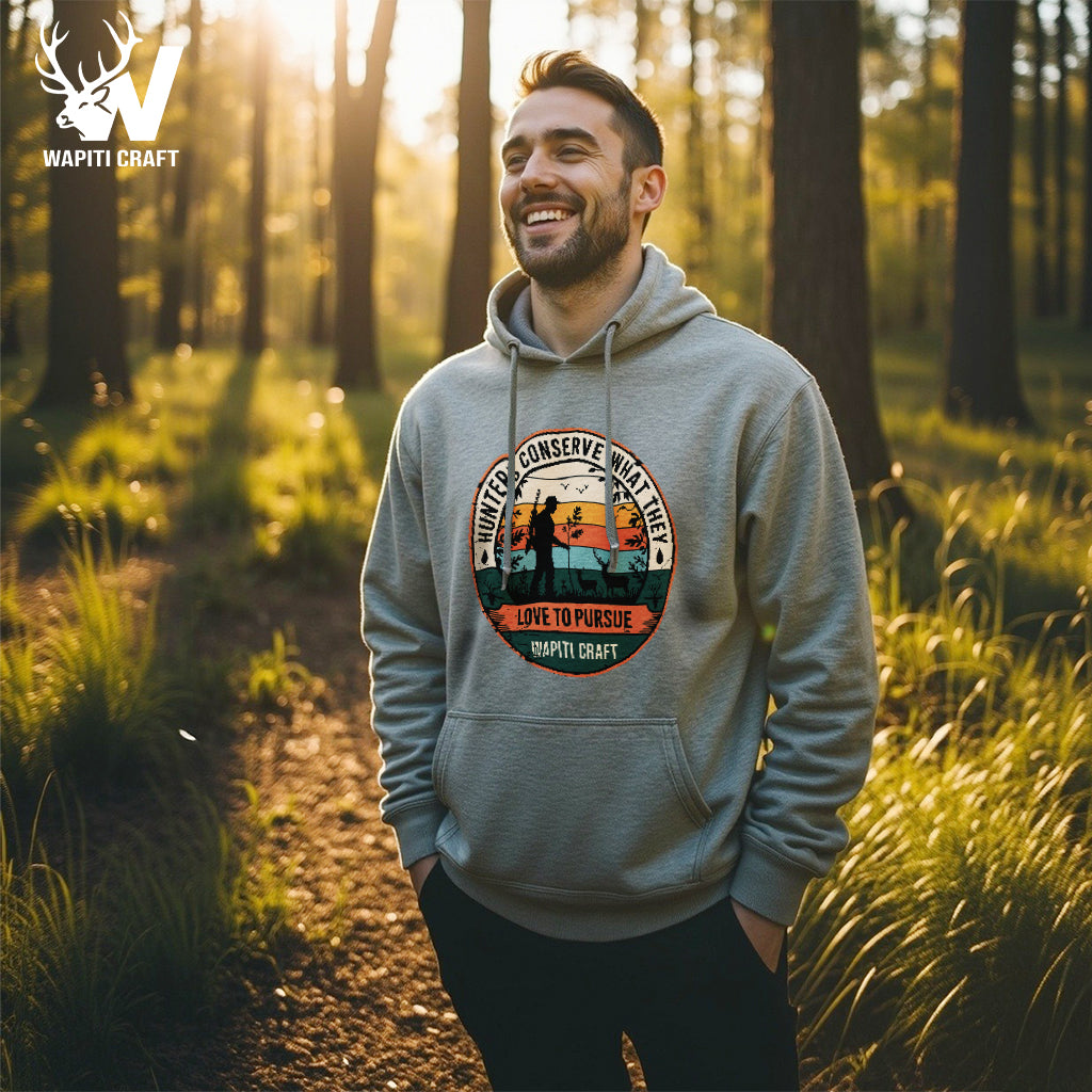 Conserve What You Pursue Hoodie Ethical Hunting Quote Retro Sunset Design by Wapiti Craft