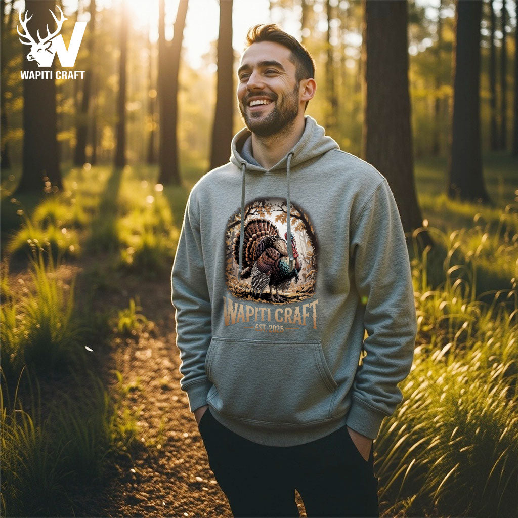 Wild Turkey Season Hoodie Majestic Turkey Design in Realistic Fall Forest - Wapiti Craft