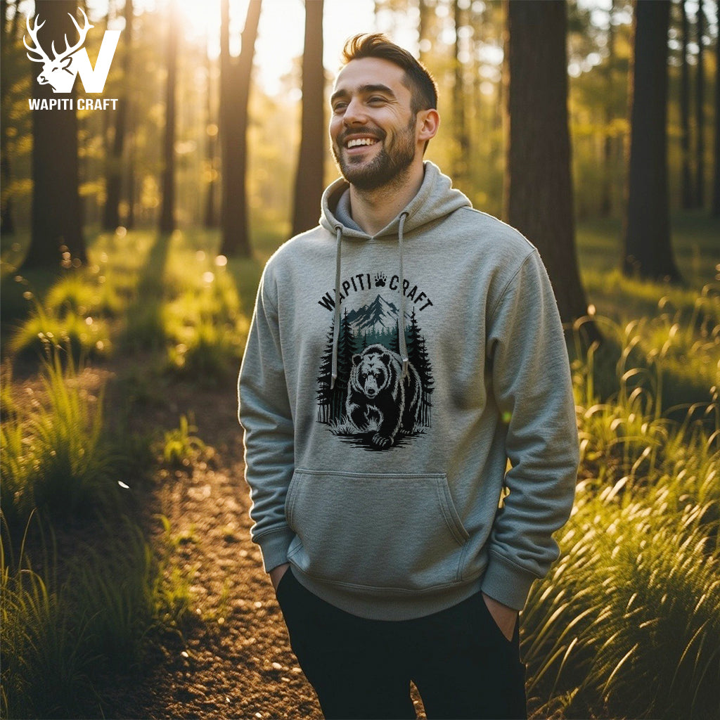 Grizzly Bear Mountain Scene Hoodie Bold Wilderness Spirit and Hunters Pride - Wapiti Craft