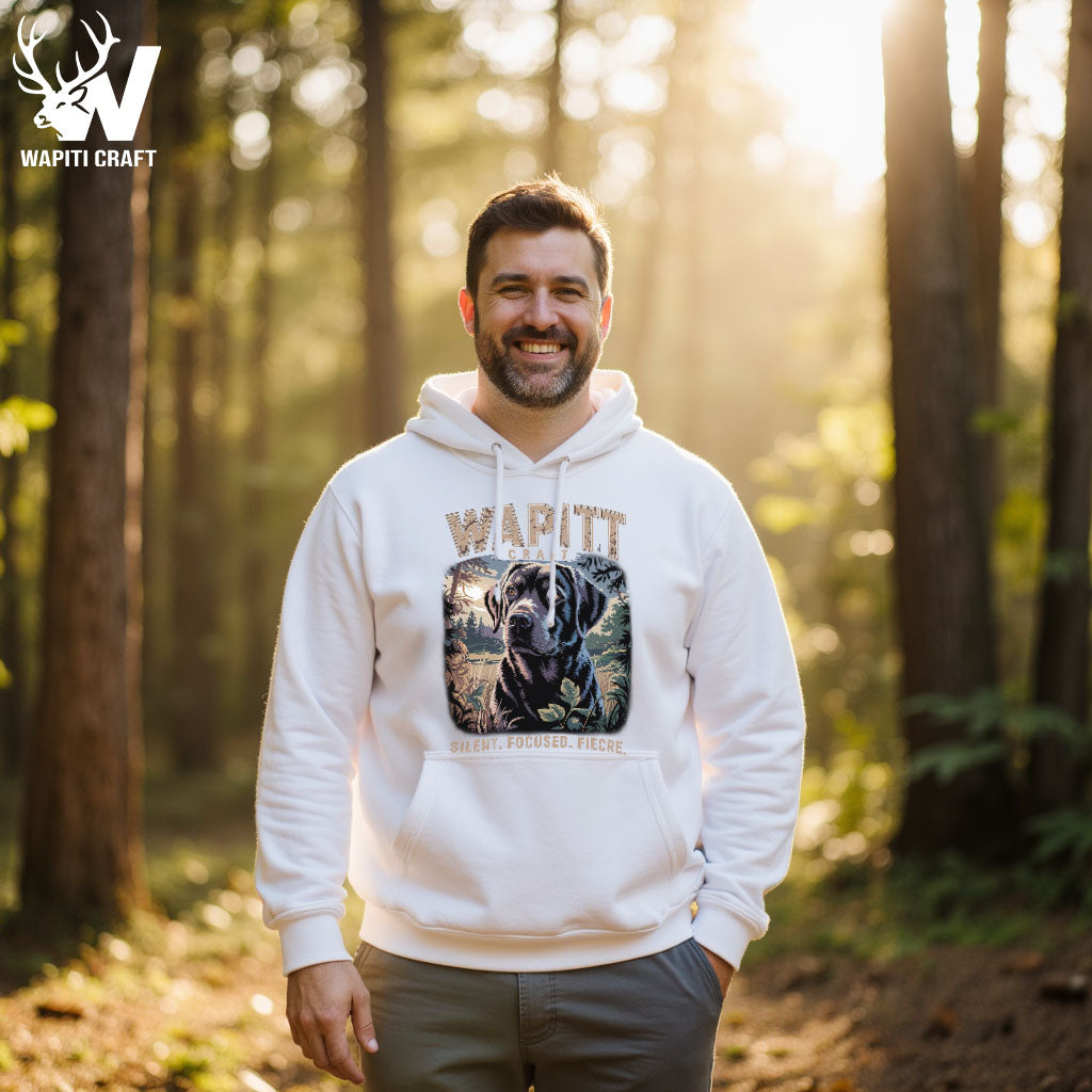 Silent. Focused. Fierce. Hunting Dog Hoodie Loyal Black Lab Design by Wapiti Craft