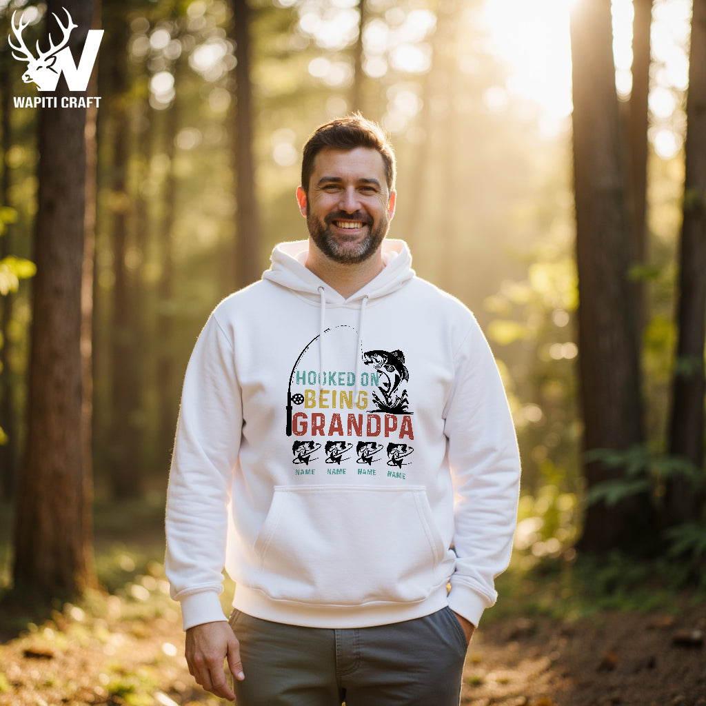Hooked On Grandpa Custom Fishing Hoodie Personalized Kids Names Gift for Dad Wapiti Craft