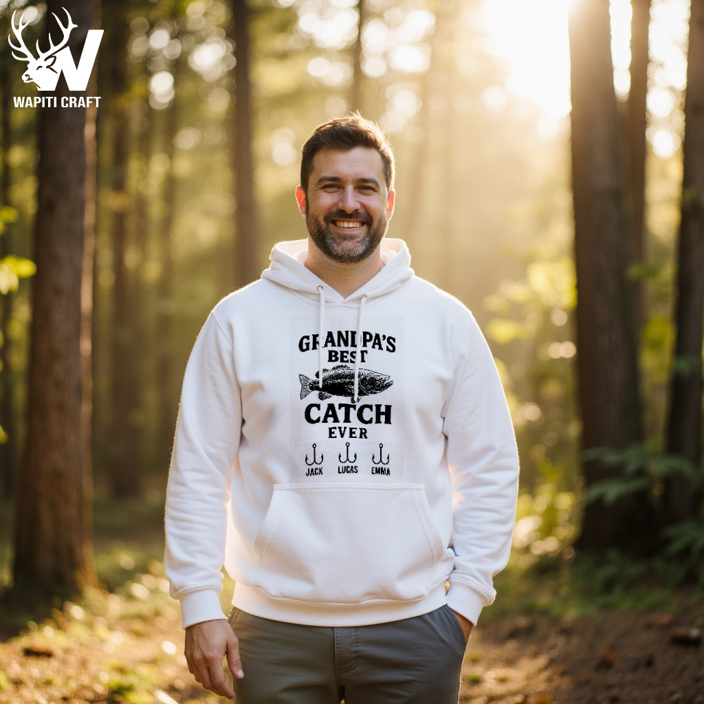 Grandpas Best Catch Ever Fishing Hoodie Personalized Grandkids Names Gift for Grandpa - Wapiti Craft