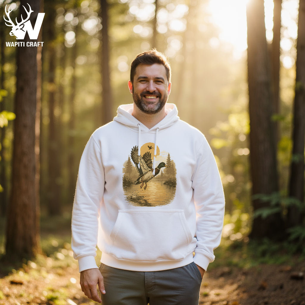 Sunset Flight Duck Hunting Hoodie Mallard Takeoff Scene for Waterfowl Hunters - Wapiti Craft