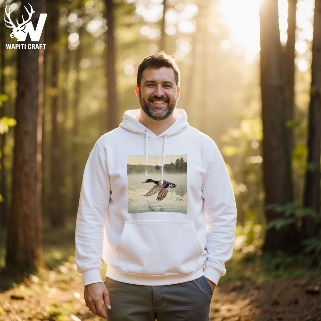Mallard in Flight Hoodie Serene Duck Hunting Scene Over Misty Lake - Wapiti Craft