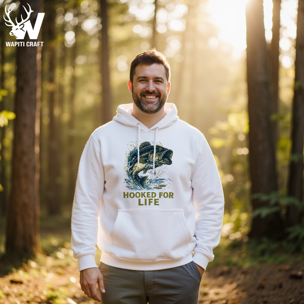 Hooked for Life Fishing Hoodie Bold Bass Catch Design for Passionate Anglers and Lure Lovers - Wapiti Craft