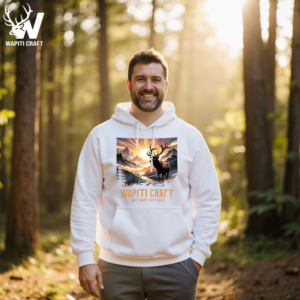 First Light Last Light Wapiti Hoodie Majestic Elk Mountain Scene The true symbol of the wild - Wapiti Craft