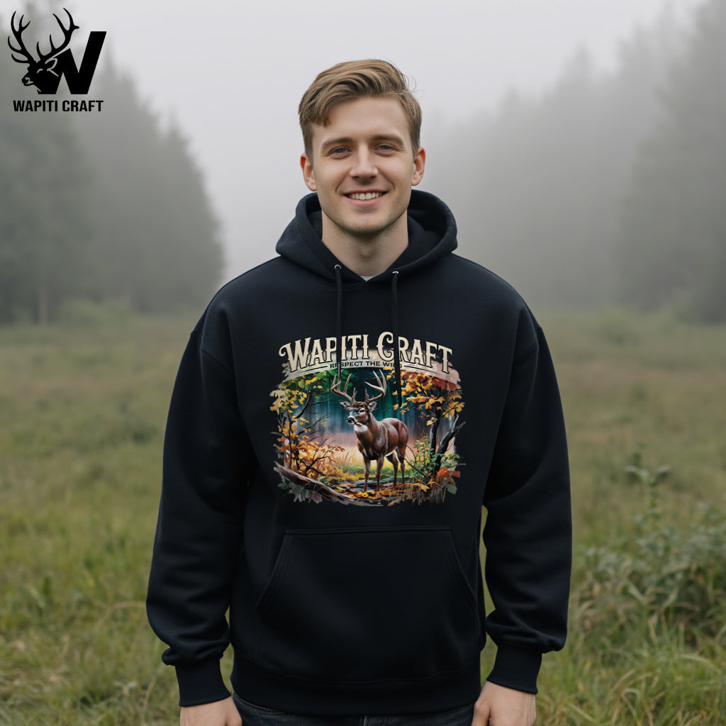 Respect the Wild Buck Majestic Whitetail Deer in Autumn Forest Design Hoodie - Wapiti Craft