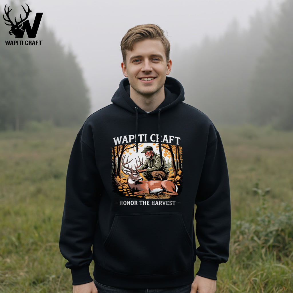 Honor the Harvest Hunting Hoodie Respectful Buck Scene Ethical Hunting - Wapiti Craft