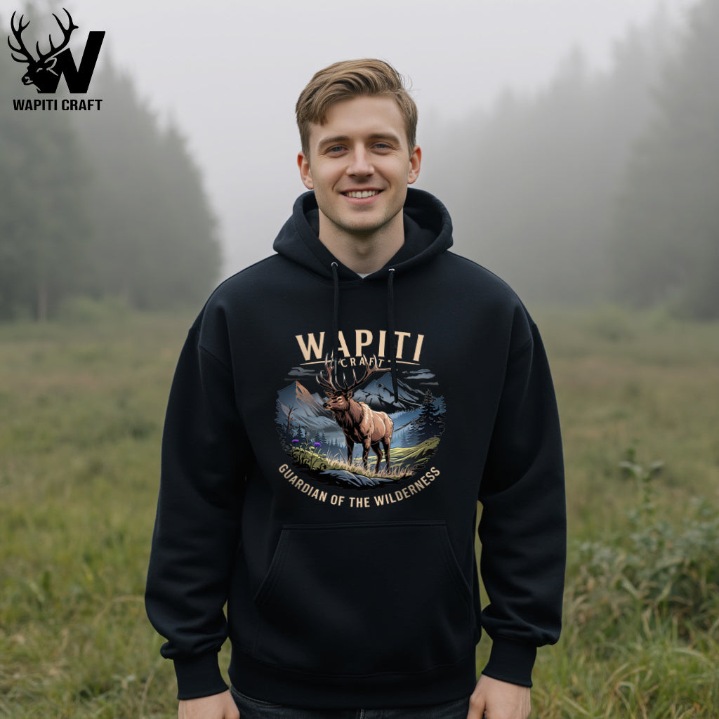 Guardian of the Wilderness Majestic Wapiti in Mountain Forest Scene Hoodie - Wapiti Craft