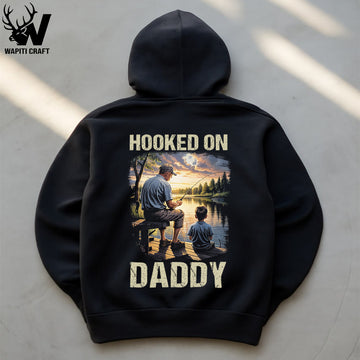 Hooked On Daddy Father Son Fishing Hoodie Sentimental Lake Sunset Gift for Dad - Wapiti Craft