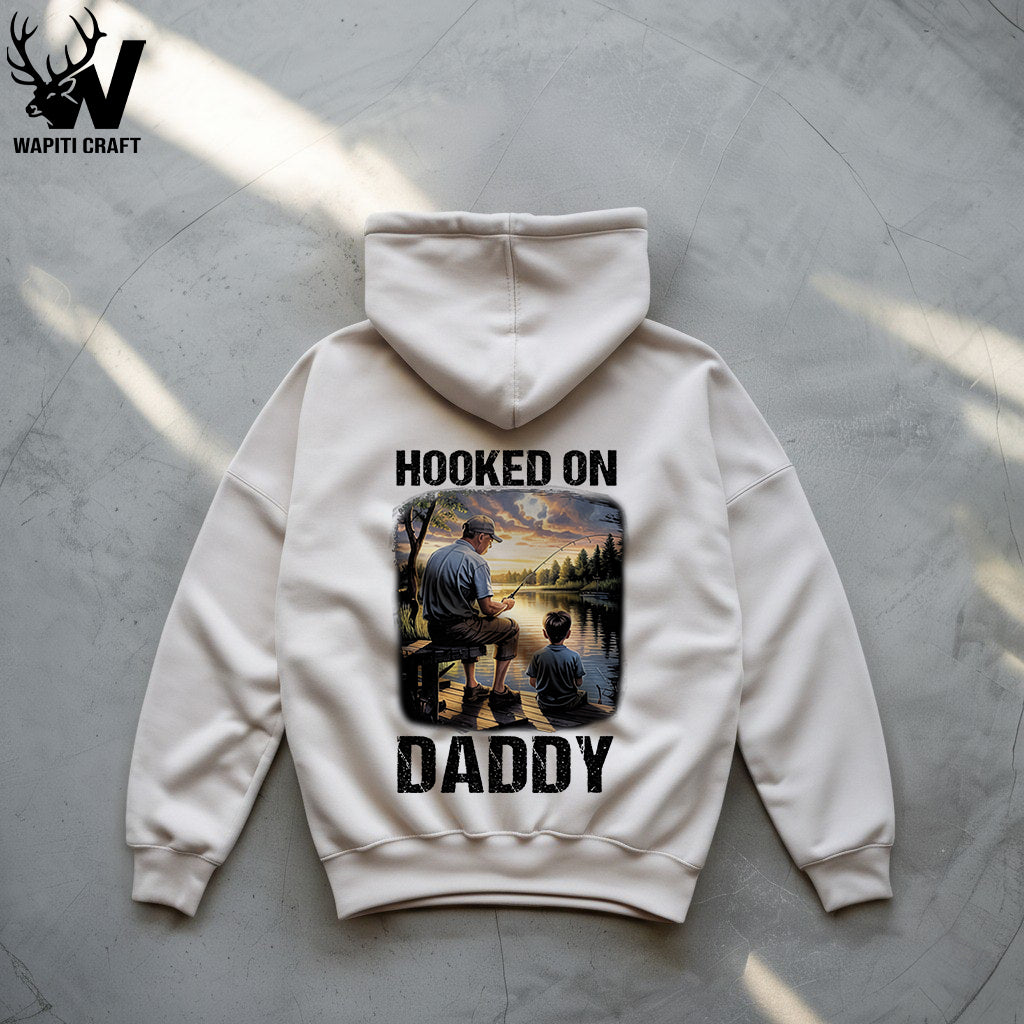 Hooked On Daddy Father Son Fishing Hoodie Sentimental Lake Sunset Gift for Dad - Wapiti Craft