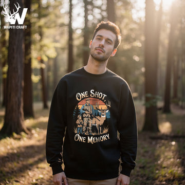 One Shot One Memory Hunting Deer With Dad Retro Sunset Sweatshirt Gift For Dad - Wapiti Craft