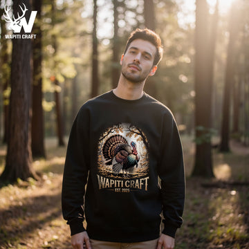 Wild Turkey Season Sweatshirt Majestic Turkey Design in Realistic Fall Forest - Wapiti Craft