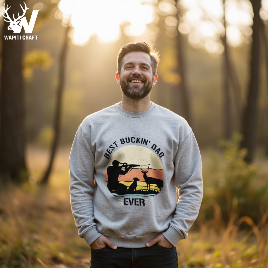 Best Buckin' Dad Ever Hunting Sweatshirt Retro Deer Silhouette Gift for Father - Wapiti Craft