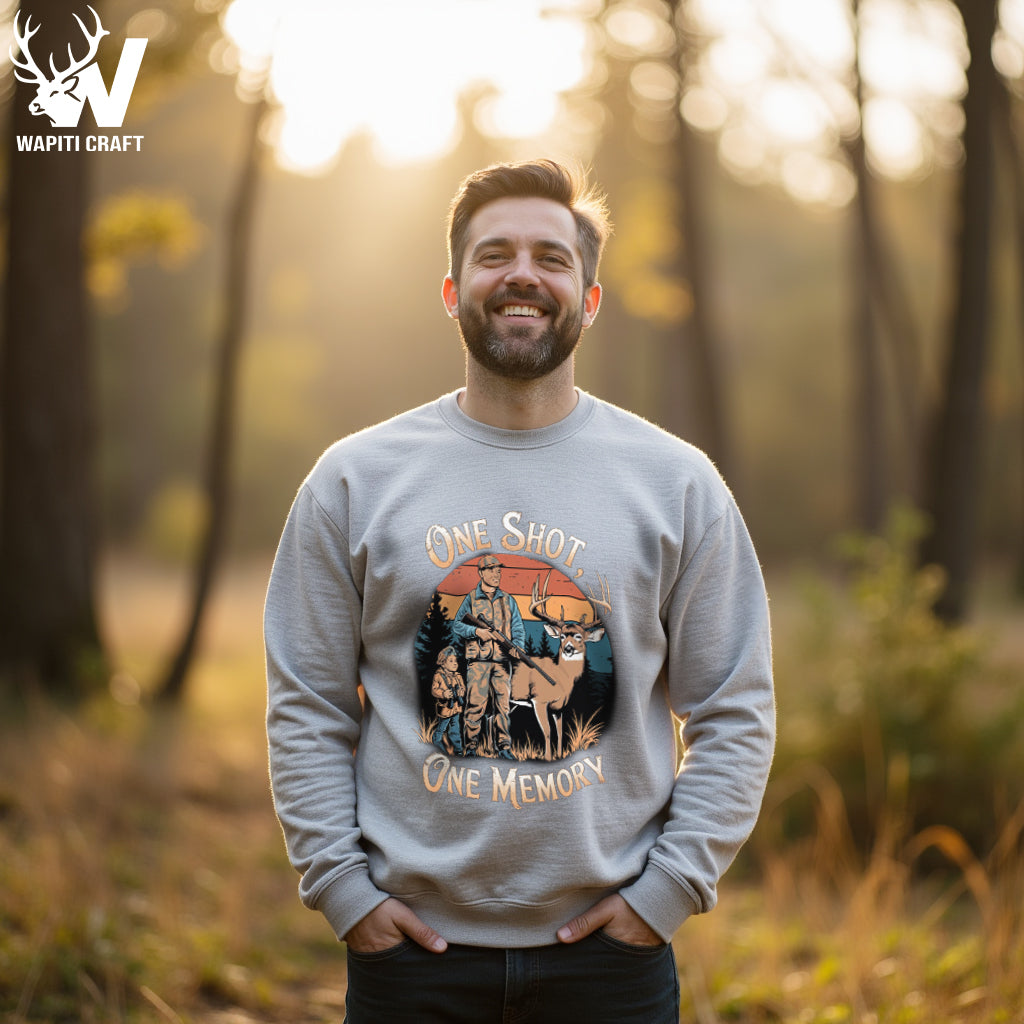 One Shot One Memory Hunting Deer With Dad Retro Sunset Sweatshirt Gift For Dad - Wapiti Craft