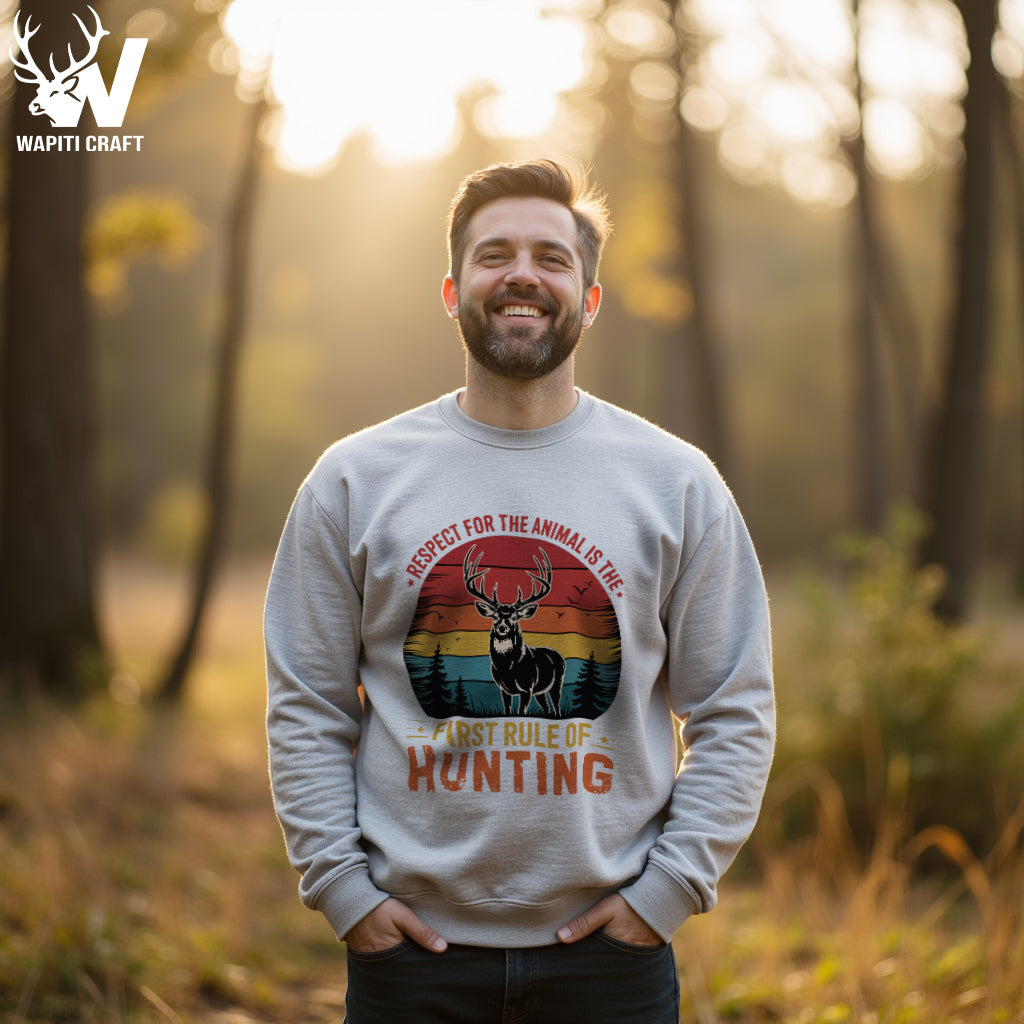 First Rule of Hunting Retro Sunset Design Sweatshirt Show Respect for Wildlife - Wapiti Craft