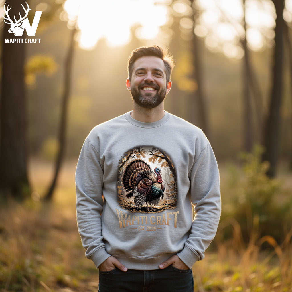 Wild Turkey Season Sweatshirt Majestic Turkey Design in Realistic Fall Forest - Wapiti Craft