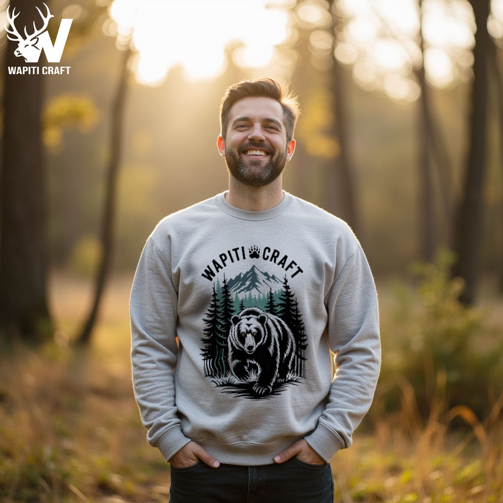 Grizzly Bear Mountain Scene Sweatshirt Bold Wilderness Spirit and Hunter’s Pride – Wapiti Craft