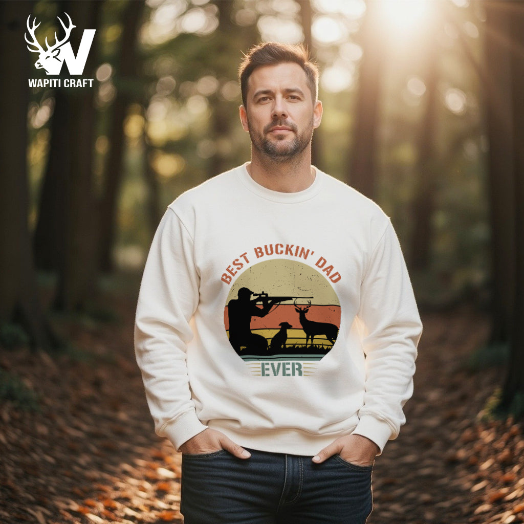 Best Buckin' Dad Ever Hunting Sweatshirt Retro Deer Silhouette Gift for Father - Wapiti Craft