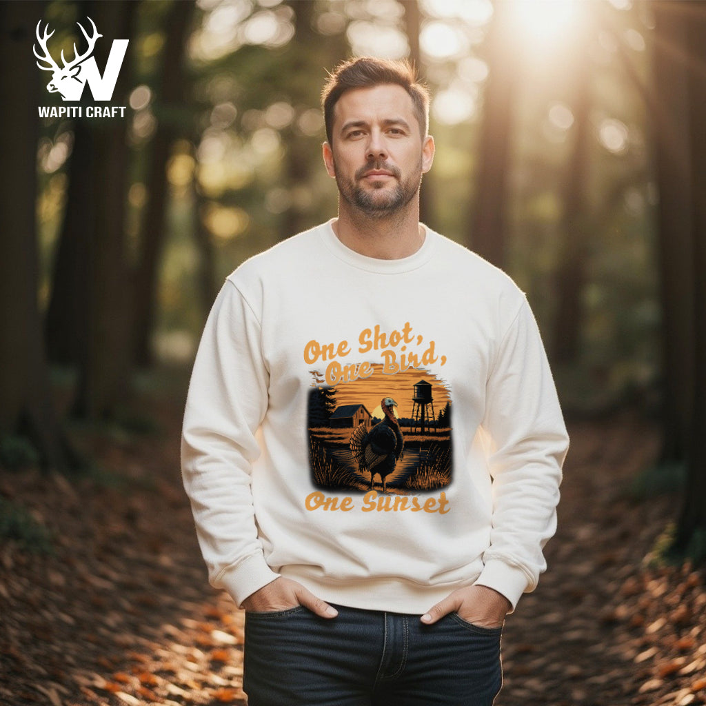 One Shot One Bird One Sunset Turkey Hunting Sweatshirt Rustic Farm Scene for Outdoorsmen - Wapiti Craft