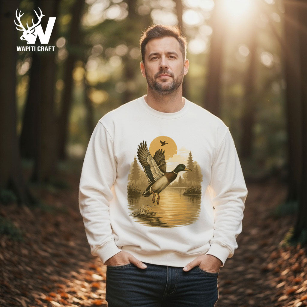 Sunset Flight Duck Hunting Sweatshirt Mallard Takeoff Scene for Waterfowl Hunters - Wapiti Craft