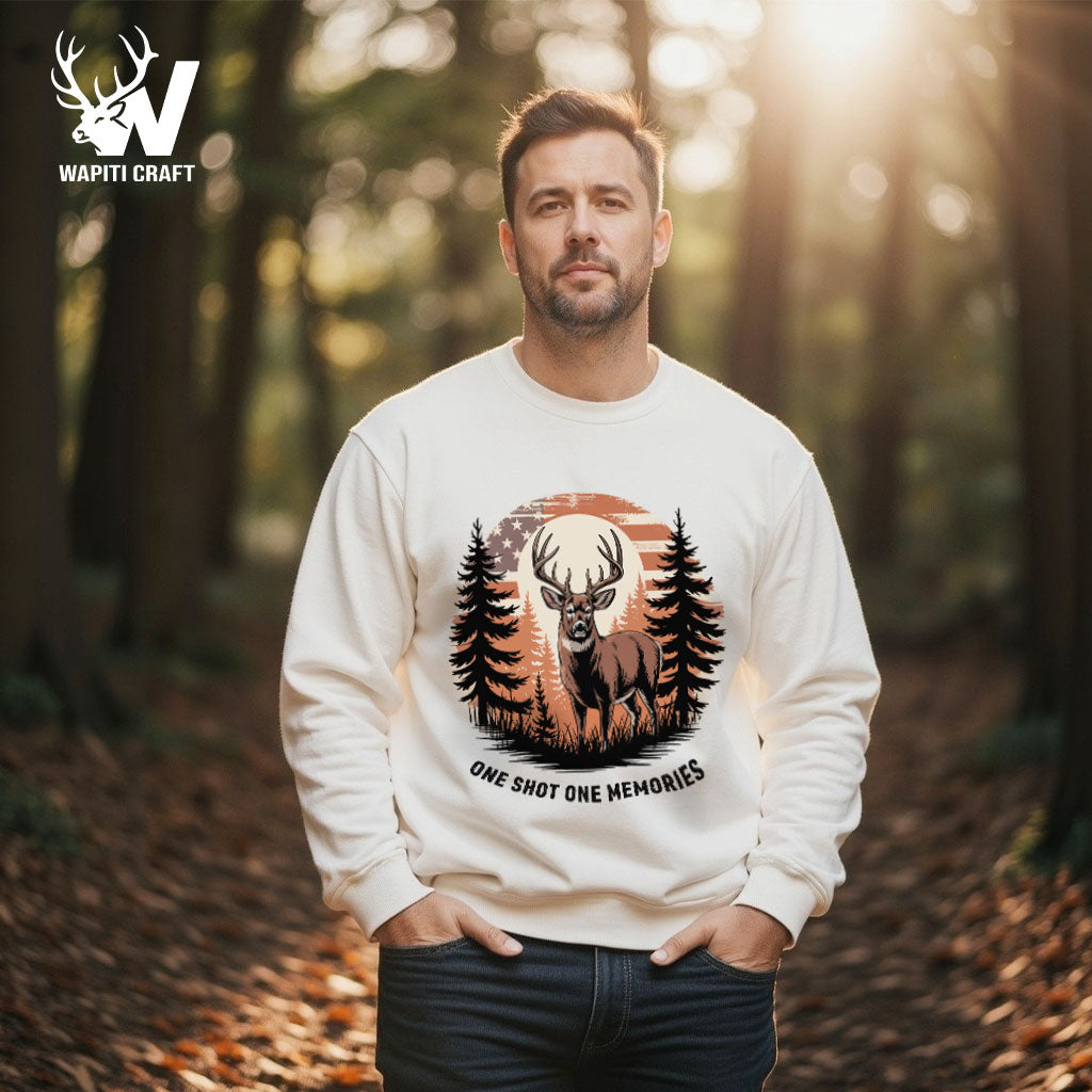 One Shot, One Memory Sweatshirt Majestic Buck Scene and Patriotic Pride for Deer Hunters - Wapiti Craft
