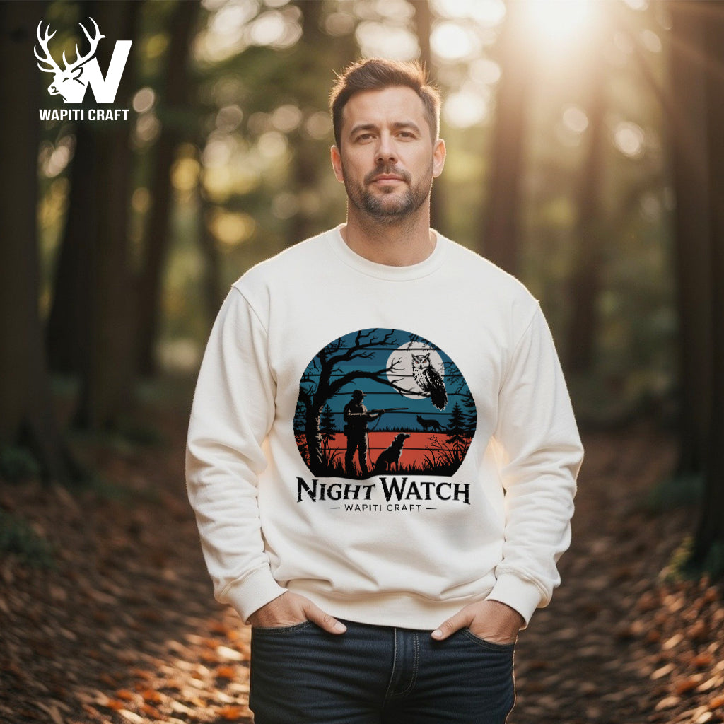 Night Hunt Sweatshirt Midnight Hunter Memories with Owl and Dog in the Forest - Wapiti Craft