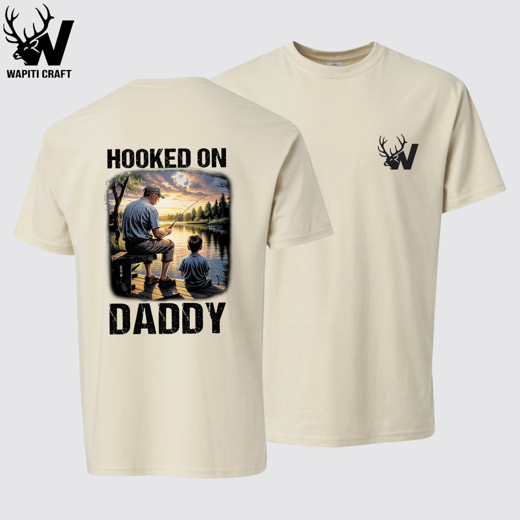 Hooked On Daddy Father Son Fishing T-Shirt Sentimental Lake Sunset Gift for Dad - Wapiti Craft