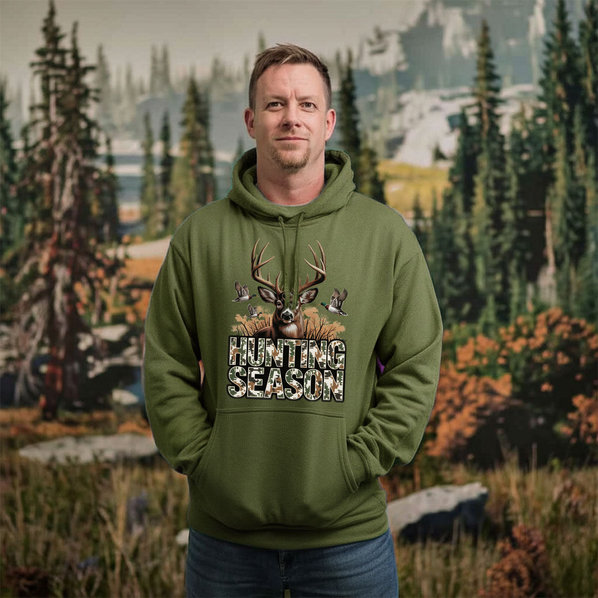 Deer And Duck Hunting Graphic Tee, Hunting Season Shirt For Men, Camo Style Outdoor Shirt, Gift For Hunters, Wapiti Craft Hoodie