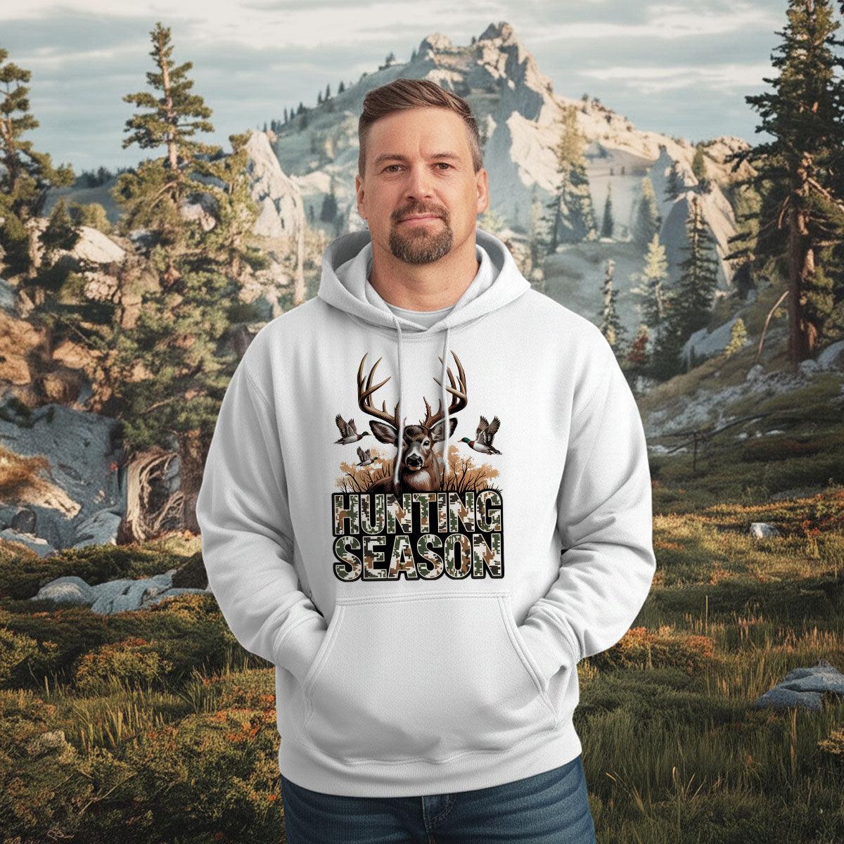 Deer And Duck Hunting Graphic Tee, Hunting Season Shirt For Men, Camo Style Outdoor Shirt, Gift For Hunters, Wapiti Craft Hoodie