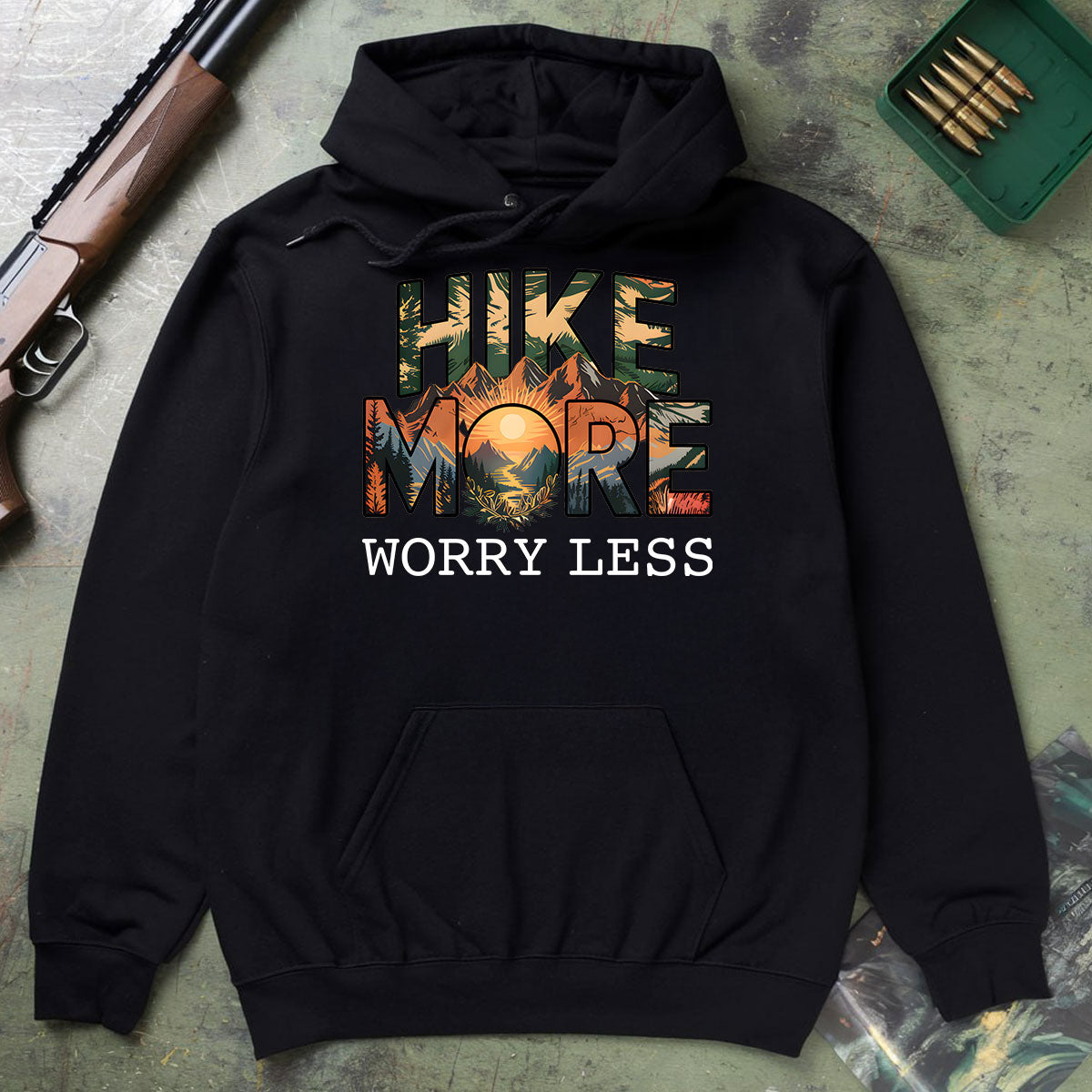 Hiking Shirt For Men, Hike More Worry Less Graphic Tee, Mountain Adventure Nature Shirt, Gift For Hikers, Wapiti Craft Hoodie