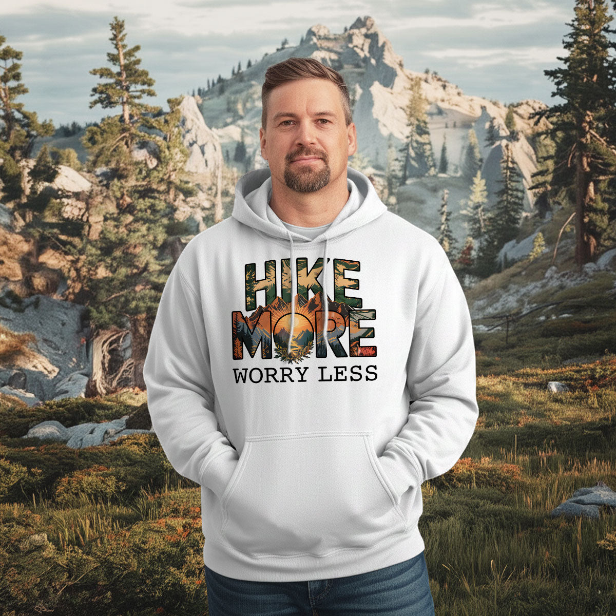 Hiking Shirt For Men, Hike More Worry Less Graphic Tee, Mountain Adventure Nature Shirt, Gift For Hikers, Wapiti Craft Hoodie