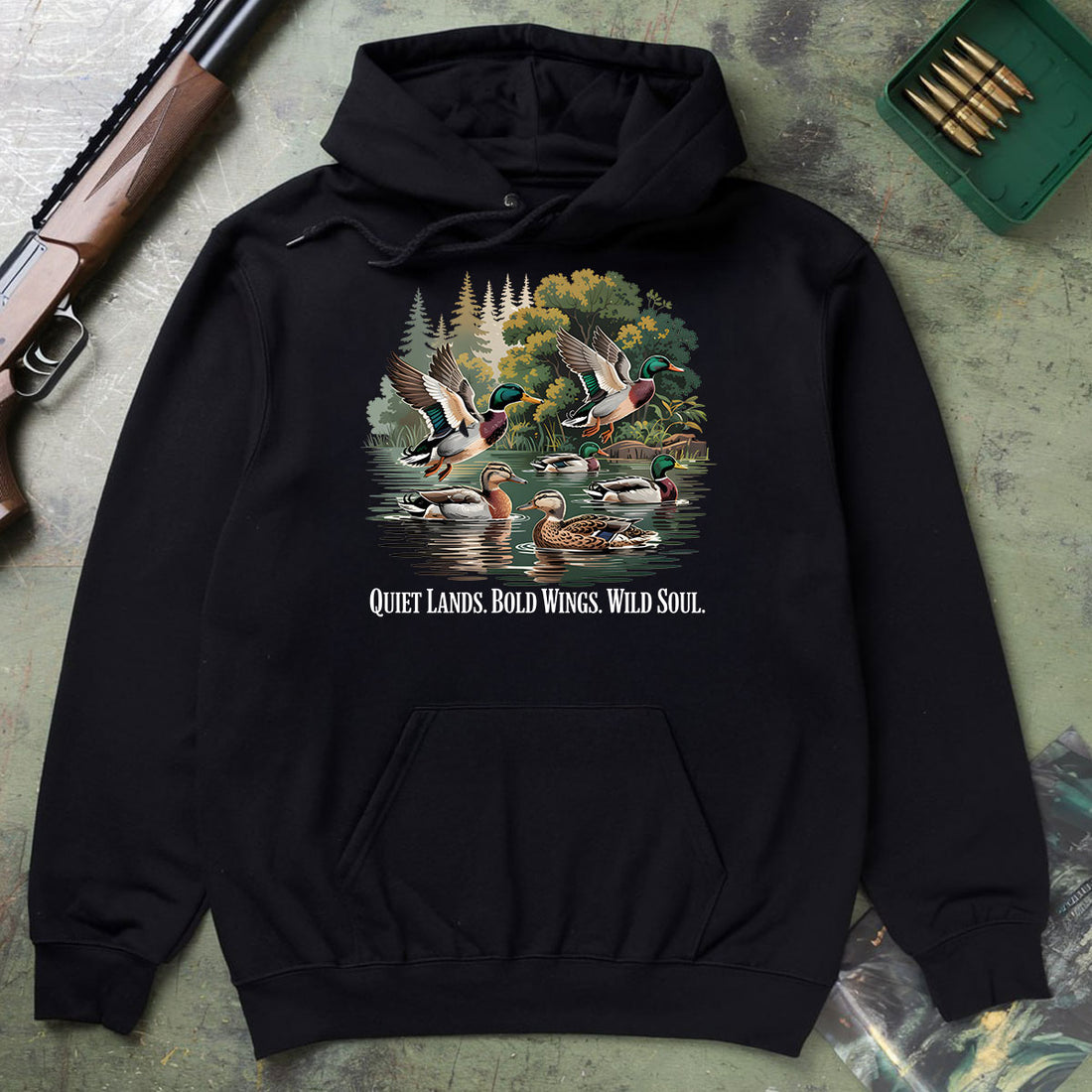 Mallard Ducks Graphic Tee, Duck Hunting Shirt For Men, Quiet Lands Bold Wings Wild Soul Quote, Gift For Duck Hunters, Wapiti Craft Hoodie