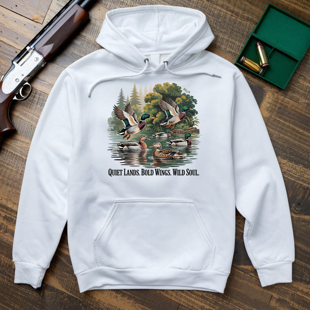 Mallard Ducks Graphic Tee, Duck Hunting Shirt For Men, Quiet Lands Bold Wings Wild Soul Quote, Gift For Duck Hunters, Wapiti Craft Hoodie