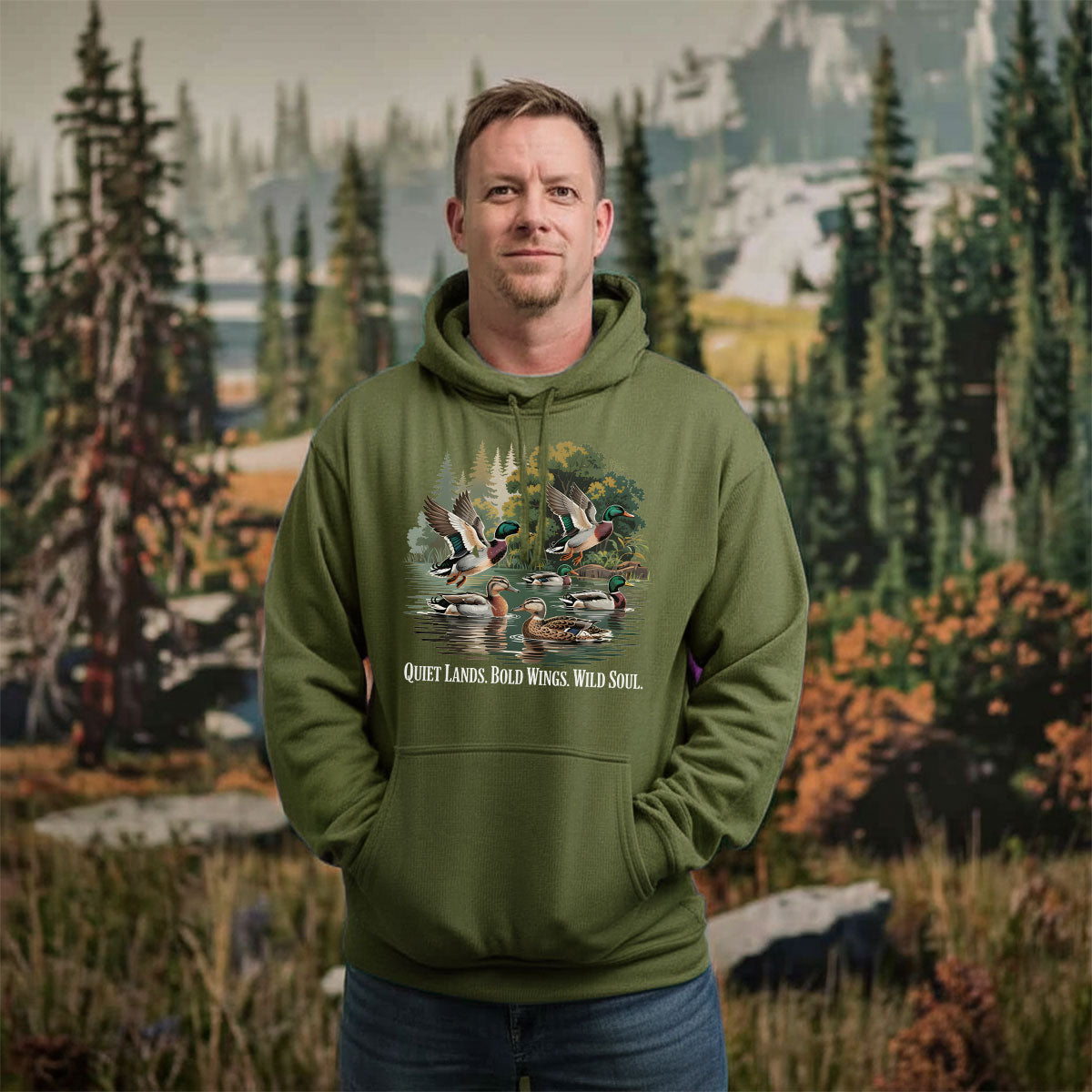 Mallard Ducks Graphic Tee, Duck Hunting Shirt For Men, Quiet Lands Bold Wings Wild Soul Quote, Gift For Duck Hunters, Wapiti Craft Hoodie