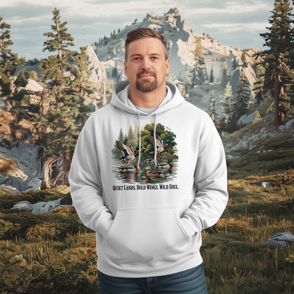 Mallard Ducks Graphic Tee, Duck Hunting Shirt For Men, Quiet Lands Bold Wings Wild Soul Quote, Gift For Duck Hunters, Wapiti Craft Hoodie