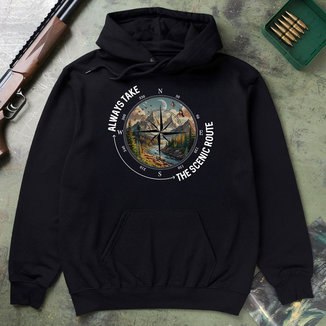 Compass And Mountain View Tee, Scenic Route Shirt For Men, Adventure Road Trip Quote Shirt, Gift For Outdoorsmen, Wapiti Craft Hoodie