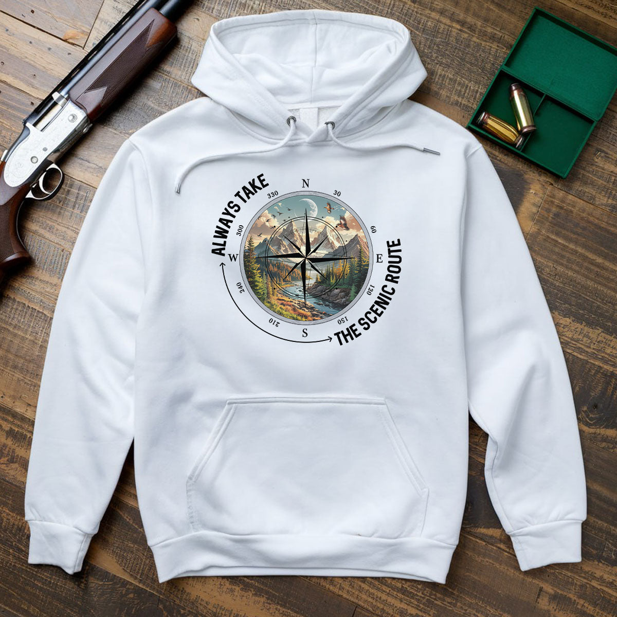 Compass And Mountain View Tee, Scenic Route Shirt For Men, Adventure Road Trip Quote Shirt, Gift For Outdoorsmen, Wapiti Craft Hoodie