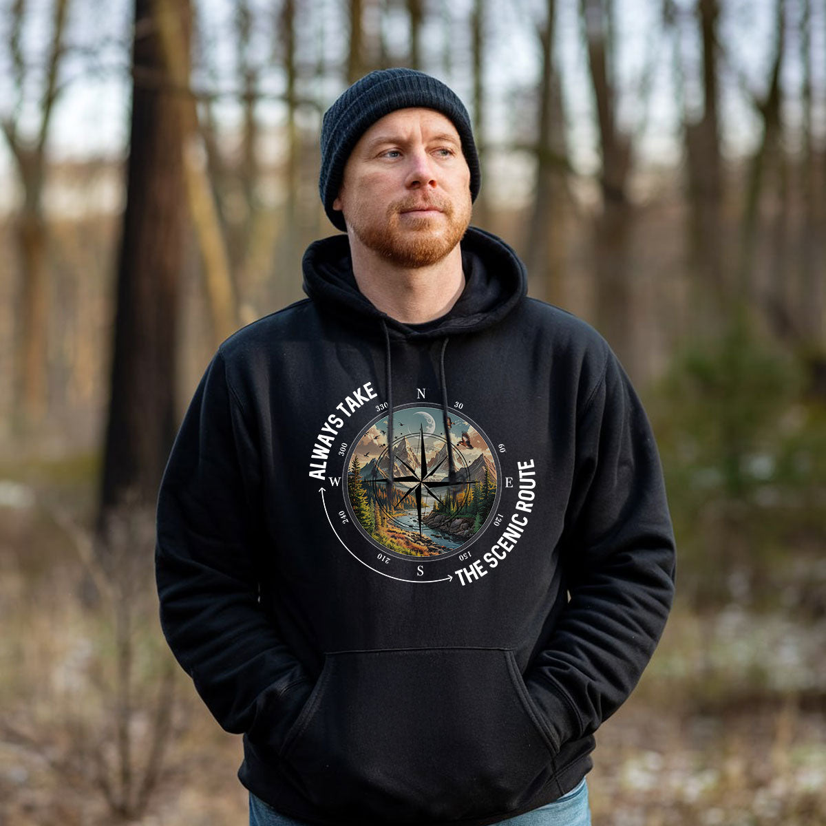 Compass And Mountain View Tee, Scenic Route Shirt For Men, Adventure Road Trip Quote Shirt, Gift For Outdoorsmen, Wapiti Craft Hoodie