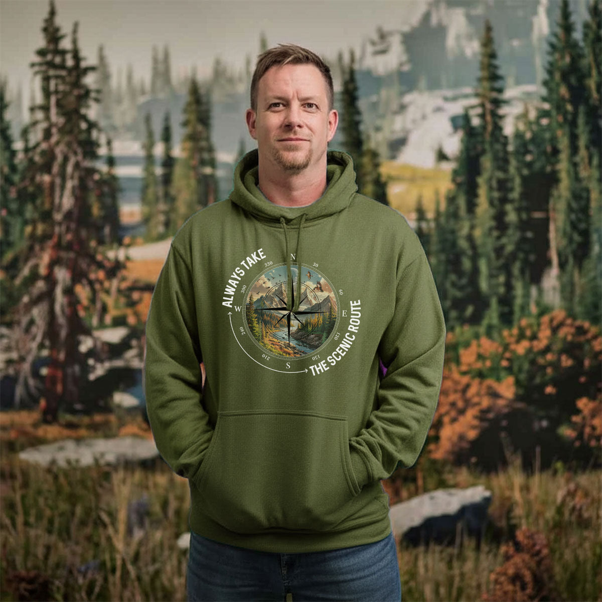 Compass And Mountain View Tee, Scenic Route Shirt For Men, Adventure Road Trip Quote Shirt, Gift For Outdoorsmen, Wapiti Craft Hoodie