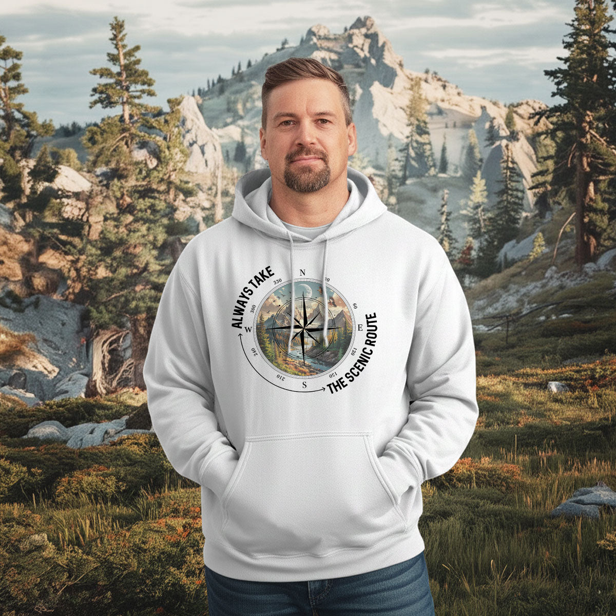 Compass And Mountain View Tee, Scenic Route Shirt For Men, Adventure Road Trip Quote Shirt, Gift For Outdoorsmen, Wapiti Craft Hoodie