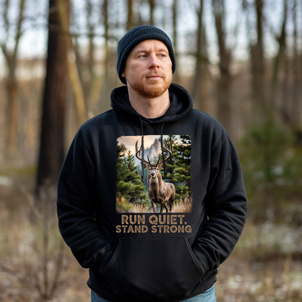 Run Quiet Stand Strong Graphic Tee, Deer Hunting Shirt For Men, Buck Deer Outdoor Shirt, Gift For Hunters, Wapiti Craft Hoodie